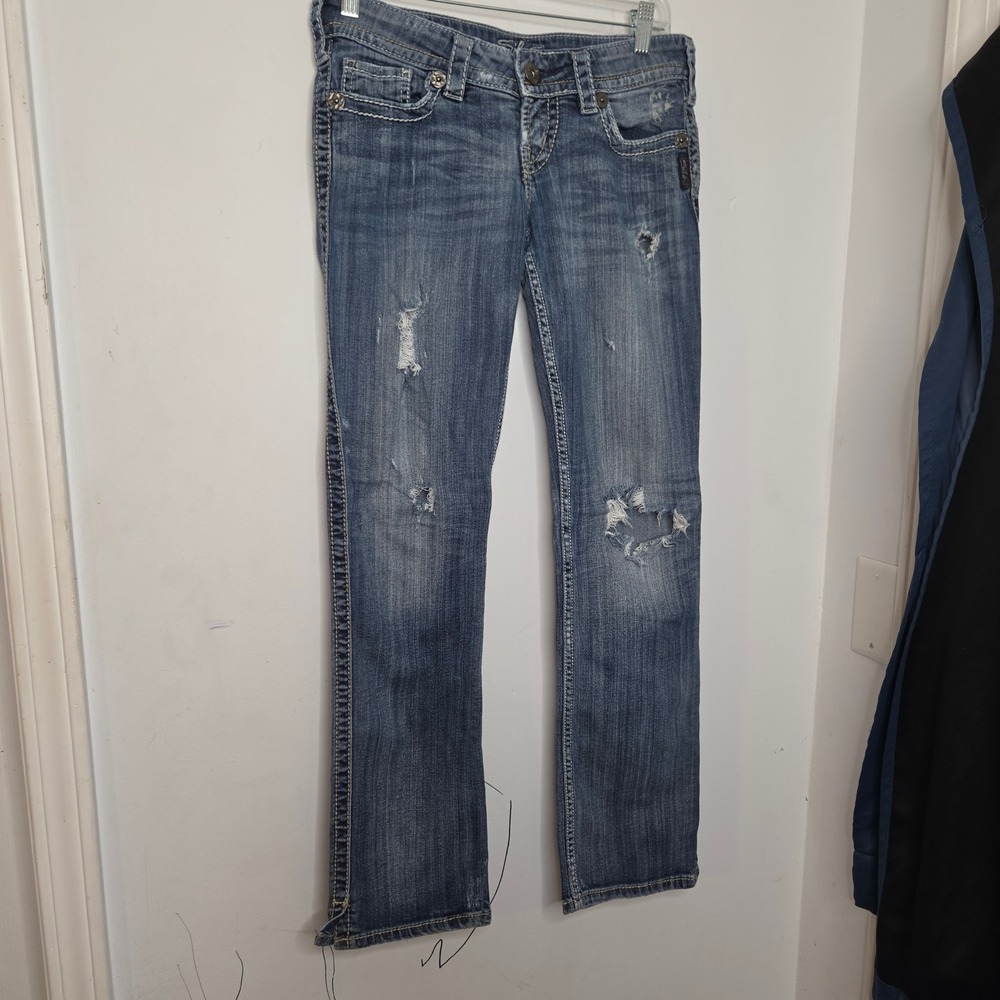 Silver Jeans Co Mckenzie Slim Bootcut Distressed Thick Stitch Blue Jeans W27 L32
